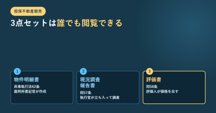 物件明細書・現況調査報告書・評価書の3点セットを根拠条文と作成者つきで並べたアイキャッチ