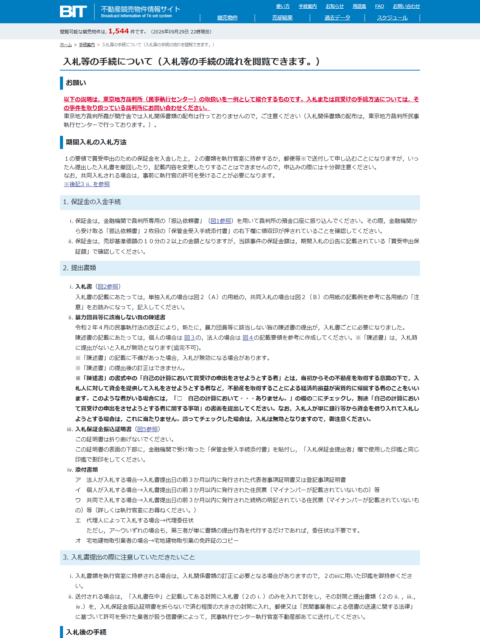 BIT不動産競売物件情報サイトの入札等の手続についてのページの画面キャプチャ