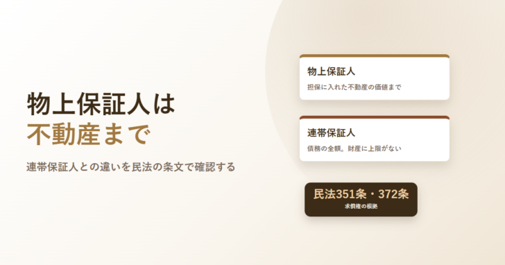 物上保証人は不動産までと書いたアイキャッチ。物上保証人と連帯保証人の責任範囲を並べたカードと、民法351条・372条のバッジを配置している