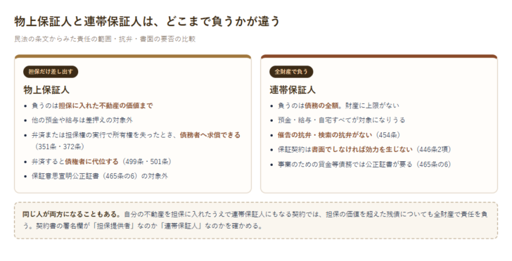 物上保証人と連帯保証人の責任の範囲・抗弁・書面の要否を左右に並べて比較した図。物上保証人は担保に入れた不動産の価値まで、連帯保証人は債務の全額を負うことを示している