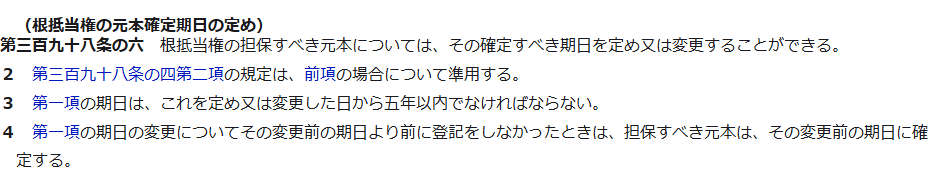 e-Gov法令検索に表示された民法第398条の6。根抵当権の元本確定期日の定めとして、期日を定め又は変更できること、398条の4第2項を準用すること、期日は定め又は変更した日から五年以内でなければならないこと、変更前の期日より前に登記をしなかったときは変更前の期日に確定することが書かれている
