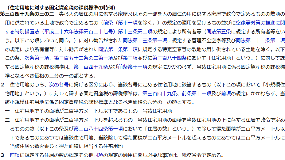 e-Gov法令検索に表示された地方税法第349条の3の2の条文の画面。住宅用地に対する固定資産税の課税標準の特例という見出しの下に、価格の3分の1の額とすることと、括弧書きで空家等対策の推進に関する特別措置法第13条第2項の勧告がされた管理不全空家等と第22条第2項の勧告がされた特定空家等の敷地を除くことが書かれている
