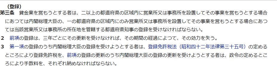 e-Gov法令検索の画面。貸金業法第三条の条文が表示され、第一項の登録先と、第二項の三年ごとにその更新を受けなければ効力を失う旨が書かれている