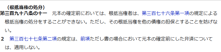 e-Gov法令検索に掲載された民法第398条の11の条文。見出しは根抵当権の処分で、元本の確定前においては根抵当権者は第376条第1項の規定による根抵当権の処分をすることができない、ただしその根抵当権を他の債権の担保とすることを妨げないと書かれ、第2項に第377条第2項の規定は前項ただし書の場合において元本の確定前にした弁済については適用しないと続いている