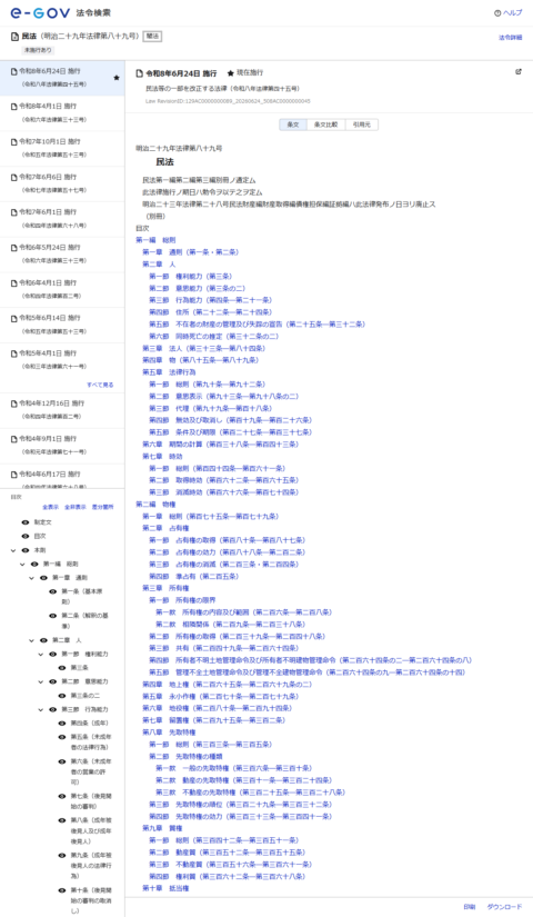 e-Gov法令検索の民法のページの画面キャプチャ。目次に第九章 質権（総則・動産質・不動産質・権利質）と第十章 抵当権が並んでいる