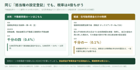 不動産担保ローンに適用される本則の千分の四と、住宅取得資金だけに認められる千分の一の軽減税率を左右に並べた図