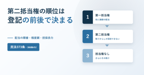 第二抵当権の順位は登記の前後で決まると書かれたアイキャッチ。配当の順番・極度額・担保余力という副題と民法373条・398条の2のバッジ、右側に1 第一抵当権 先に満額の配当、2 第二抵当権 残りからしか回収できない、3 抵当権なし さらにその残り、の3段のカードが矢印でつながれている