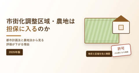 市街化調整区域・農地は担保に入るのかと書かれたアイキャッチ画像。畑と家のイラスト