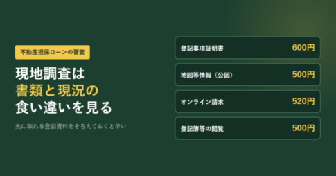現地調査の前にそろえる登記資料と手数料を並べたアイキャッチ画像