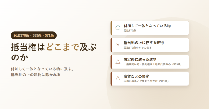 抵当権はどこまで及ぶのかという見出しと、付加して一体となっている物には及ぶ、抵当地の上に存する建物は除かれる、設定後に建った建物は一括競売のみ、家賃などの果実は不履行のあとだけ、という4項目を丸・バツ・三角の記号で並べたアイキャッチ画像