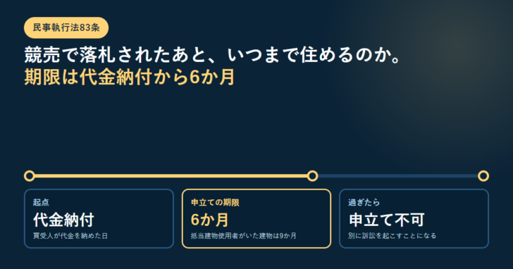 代金納付を起点に6か月の期限を示した横一本の時間軸と、3つの数値パネルを並べた図