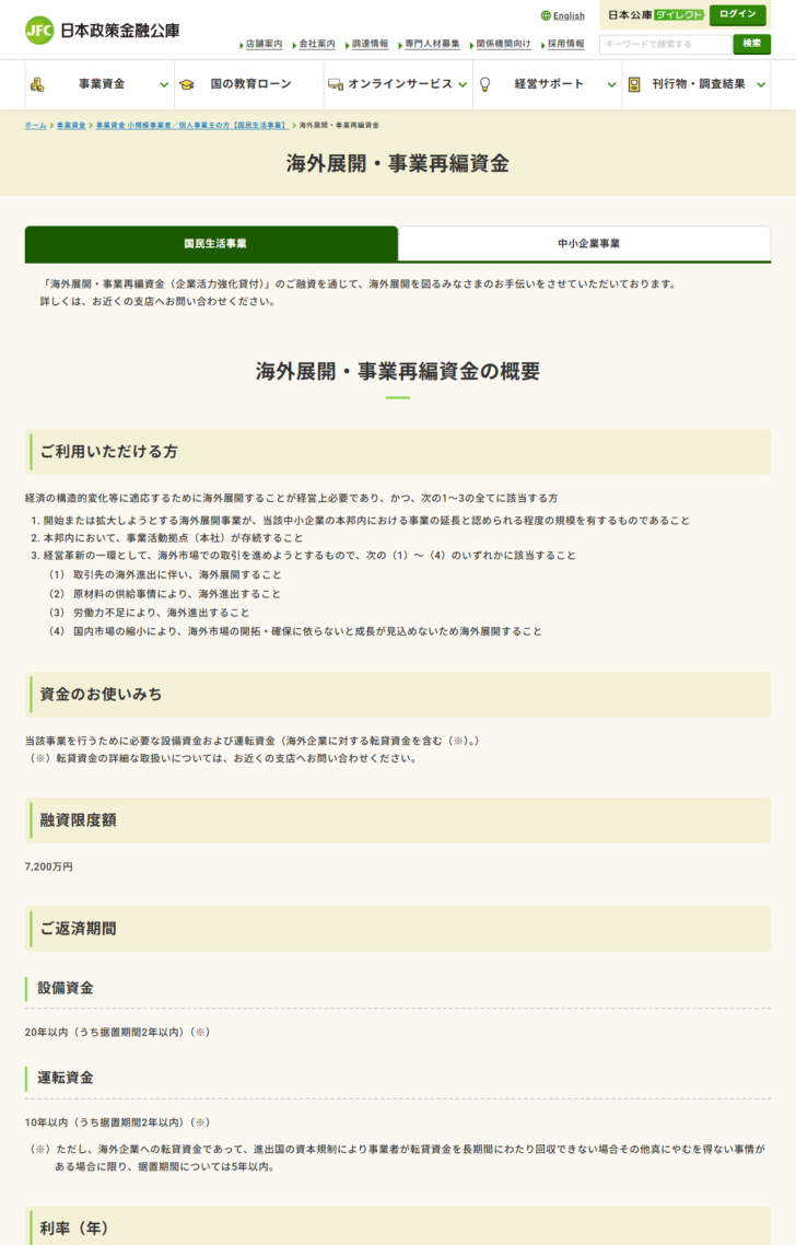 日本政策金融公庫の公式画面。海外展開・事業再編資金のページで、融資限度額7,200万円、設備資金の返済期間が20年以内うち据置期間2年以内、利率が基準利率と特別利率A・B・Cに分かれることが表示されている