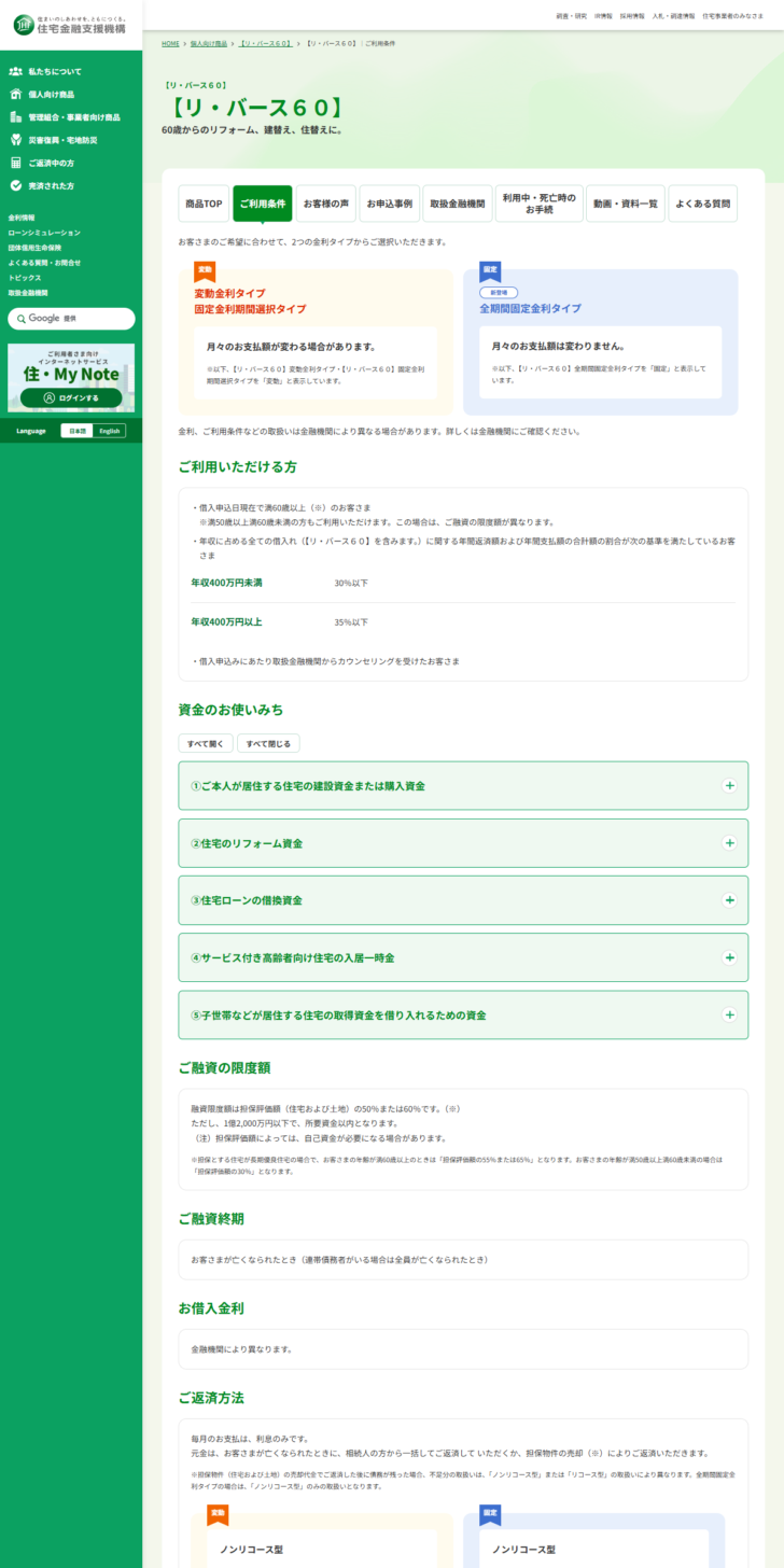 住宅金融支援機構【リ・バース60】ご利用条件のページ。ご利用いただける方、資金のお使いみち、ご融資の限度額、ご返済方法が並んでいる