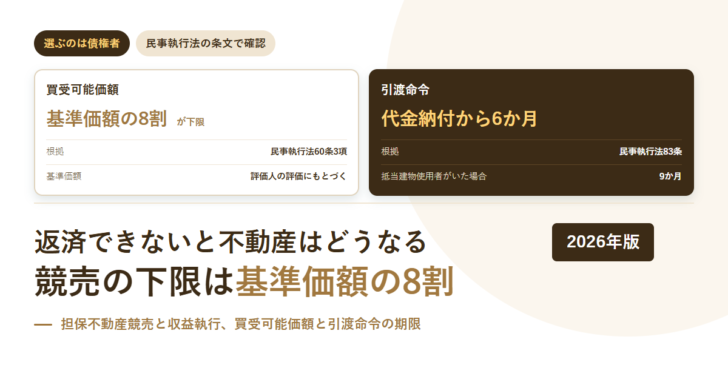 買受可能価額と引渡命令の期限を条文ごとに並べたアイキャッチ