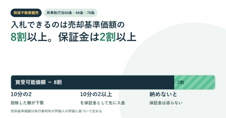 売却基準価額を8割と2割に分けた横長のゲージで、買受可能価額と保証金の関係を示したアイキャッチ