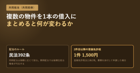 共同抵当の配当を定める民法392条と、2件目以降の登録免許税が1件1,500円になる登録免許税法13条2項を並べたアイキャッチ画像