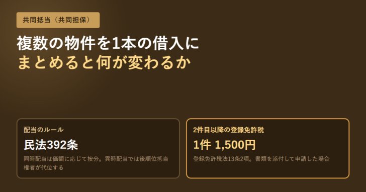 共同抵当の配当を定める民法392条と、2件目以降の登録免許税が1件1,500円になる登録免許税法13条2項を並べたアイキャッチ画像