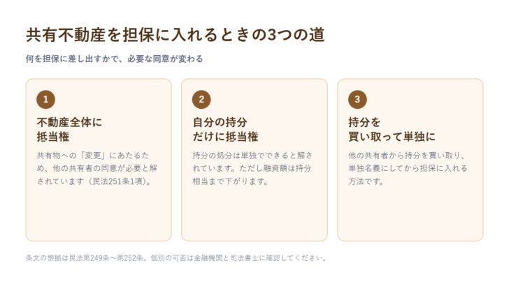 共有不動産を担保に入れる3つの方法の全体像。不動産全体に抵当権、自分の持分だけに抵当権、持分を買い取って単独名義にする
