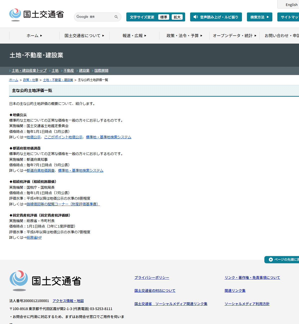国土交通省の公式サイトに掲載された主な公的土地評価一覧のページ。地価公示、都道府県地価調査、相続税評価、固定資産税評価の実施機関と評価水準が表示されている画面