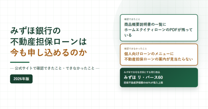 みずほ銀行の不動産担保ローンは今も申し込めるのか、公式サイトで確認できたこと・できなかったことと書かれたアイキャッチ画像