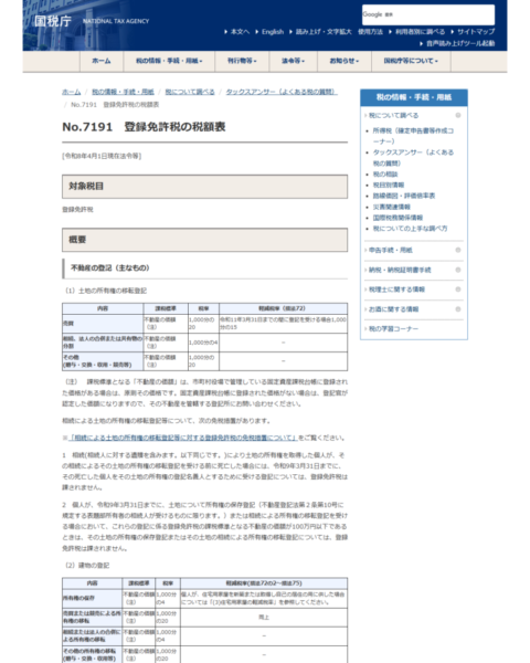 国税庁のタックスアンサーNo.7191の画面