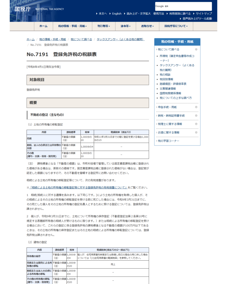 国税庁のタックスアンサーNo.7191 登録免許税の税額表の画面。不動産の登記の税率が表で並んでいる