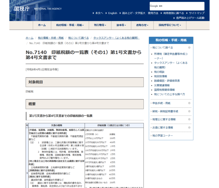 国税庁の印紙税額の一覧表のページ画面。第1号文書の記載金額ごとの税額が表示されている