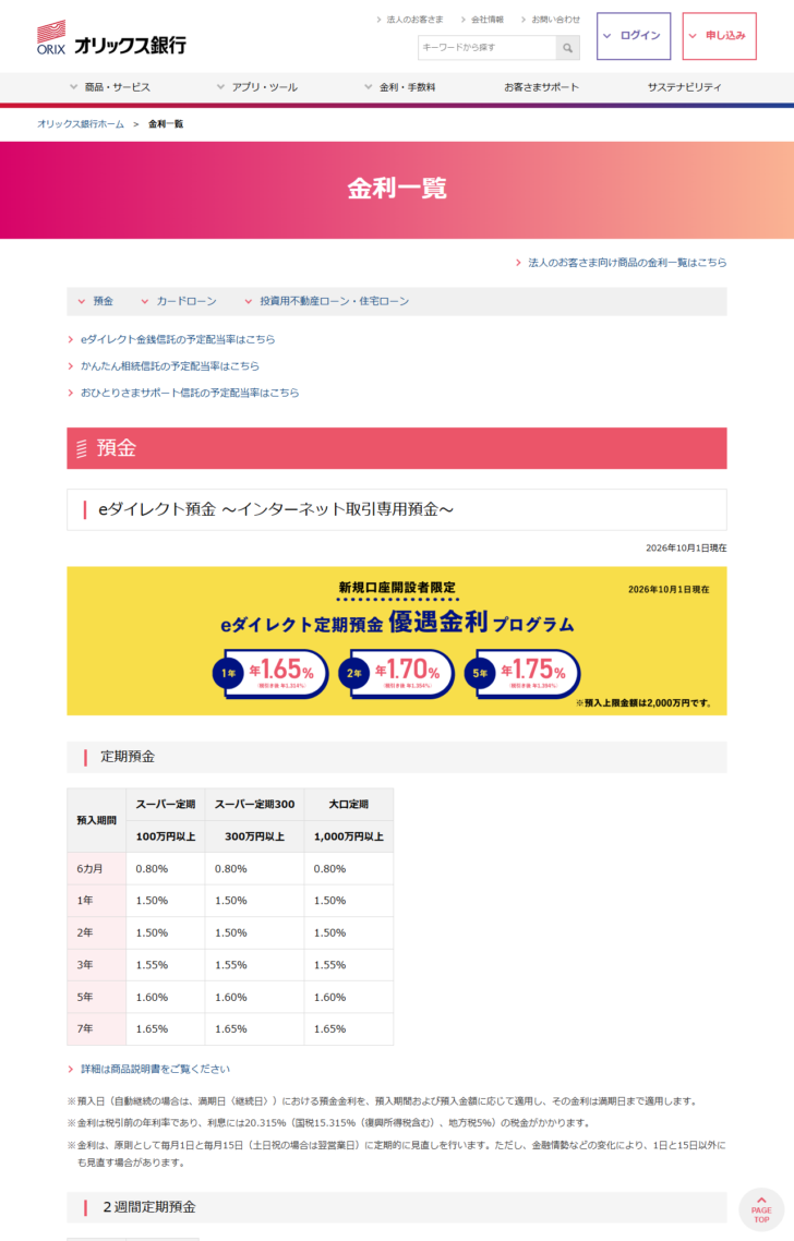 オリックス銀行の公式画面。金利一覧のページで、不動産投資ローン・不動産担保ローン・住宅ローン・セカンドハウスローンの変動金利型が年4.675パーセント、3年固定金利特約型が年5.275パーセント、5年固定金利特約型が年5.775パーセントと表示され、固定金利期間特約付変動金利型は現在新規の取り扱いを中止していると注記されている