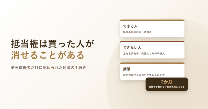 抵当権は買った人が消せることがあると書いたアイキャッチ。できる人・できない人・期限を並べた3枚のカードと、2か月のバッジを配置している