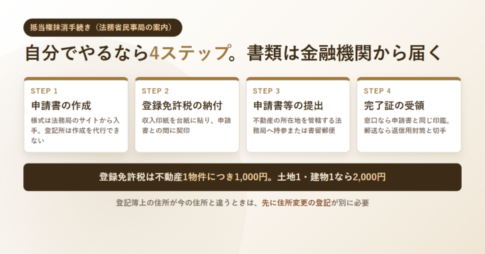 申請書の作成・登録免許税の納付・申請書等の提出・完了証の受領という4ステップを並べたアイキャッチ
